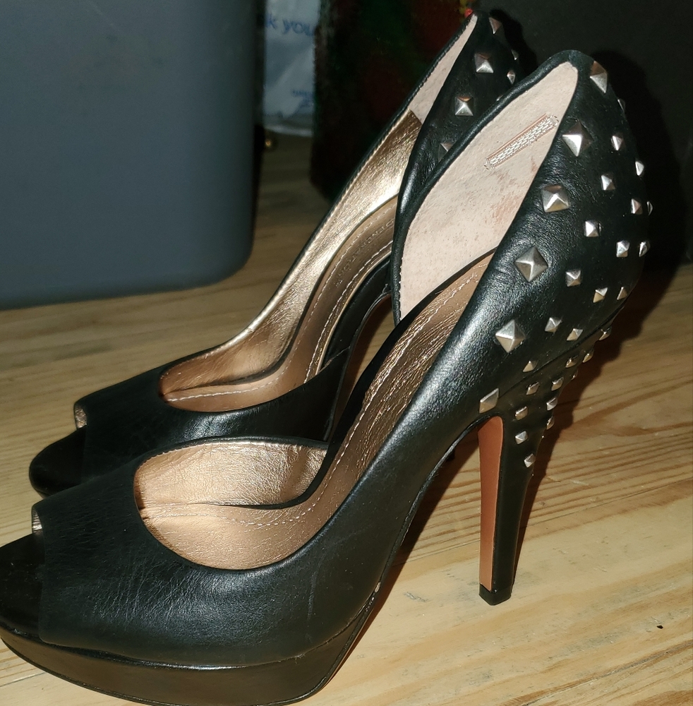BCBGeneration Black Leather Pumps, 7B, Stud Accents